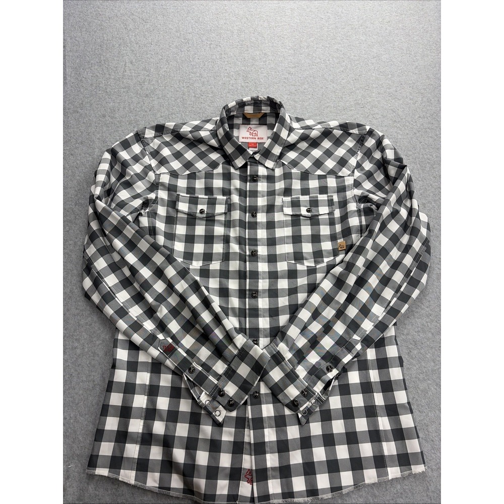 Western Rise Shirt Men Medium Smoke Gray Performance Pearl Button Cowboy Plaid